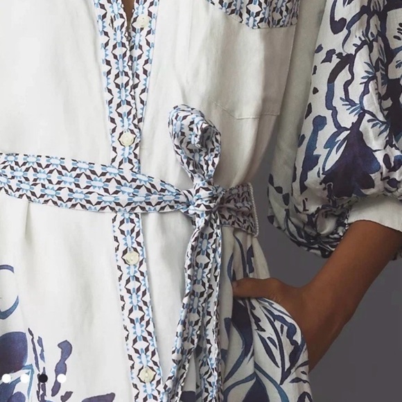 MAEVE by ANTHROPOLOGIE Irene Linen Button Front Belted Maxi Shirt Dress in Blue - Picture 6 of 11